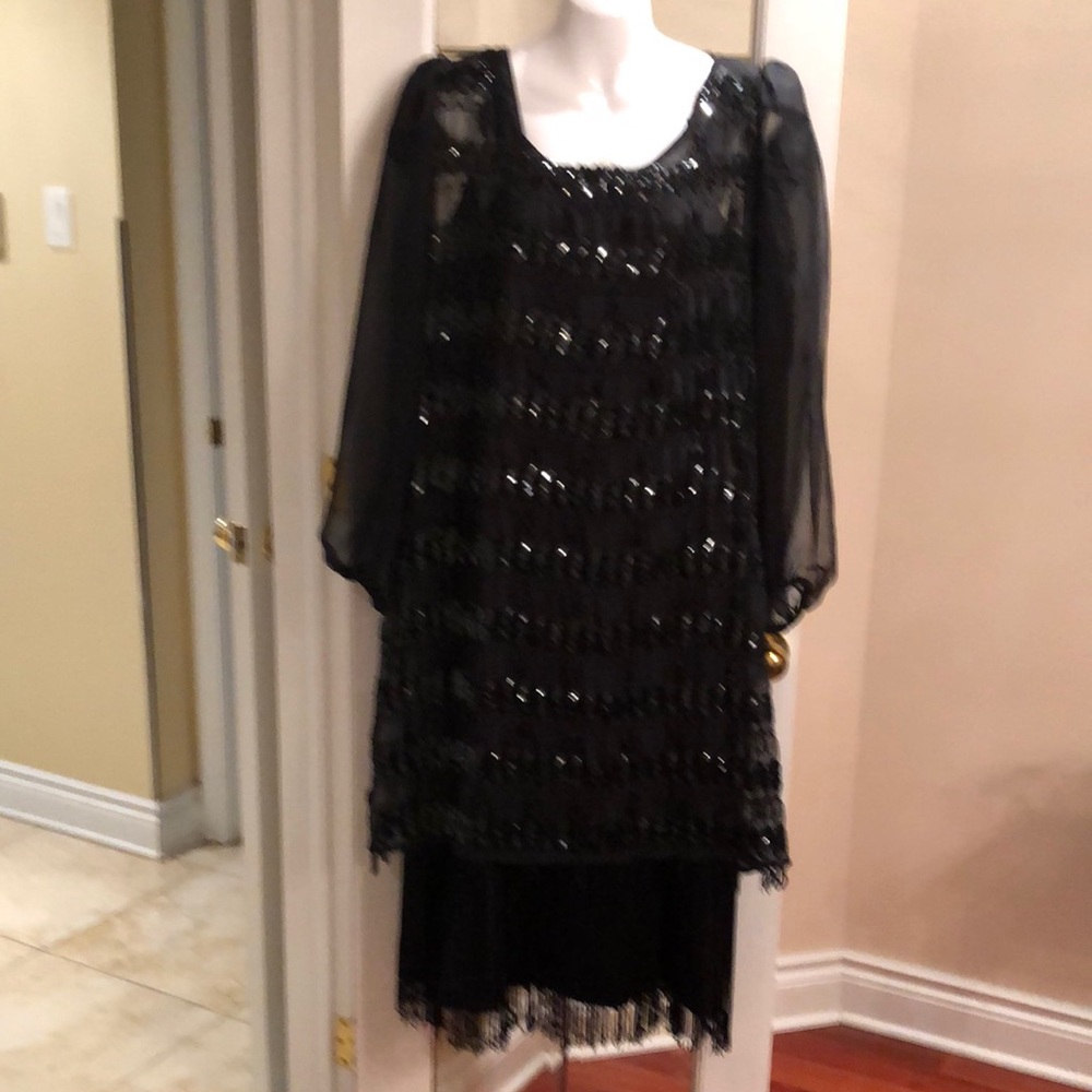 Vintage Black Sequin Evening Gown with Sheer Sleeves